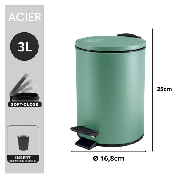 Spirella pedálový odpadkový koš ADELAR, matná zelená, ocel, 3 L