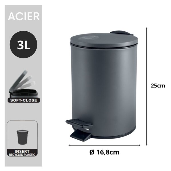 Spirella pedálový odpadkový koš ADELAR, matná šedá, ocel, 3 L