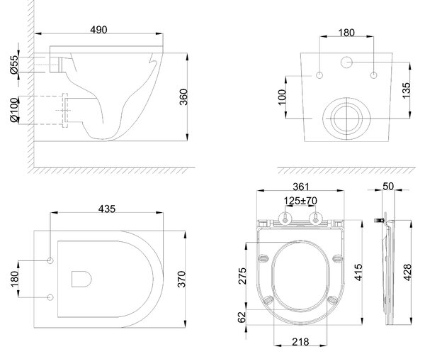 Erga Lily+, závěsná WC mísa 490x370x365mm, Rimless Tornado 2 + toaletní sedátko s pomalým zavíráním, černá matná, ERG-V03-LILY-TO2-BK