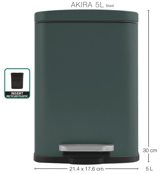 Spirella pedálový odpadkový koš AKIRA, matná tmavě zelená, ocel, 5 L