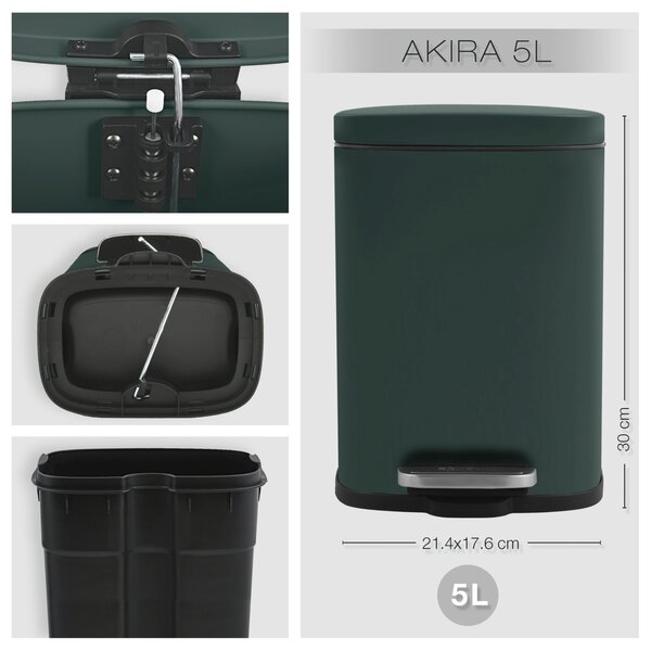 Spirella pedálový odpadkový koš AKIRA, matná tmavě zelená, ocel, 5 L