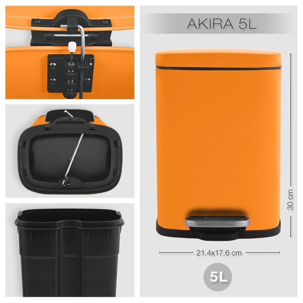 Spirella pedálový odpadkový koš AKIRA, matná oranžová, ocel, 5 L