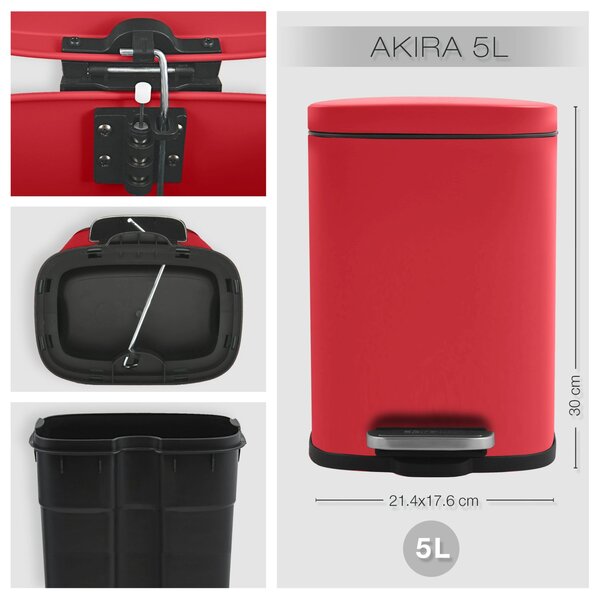 Spirella pedálový odpadkový koš AKIRA, matná červená ocel, 5 L