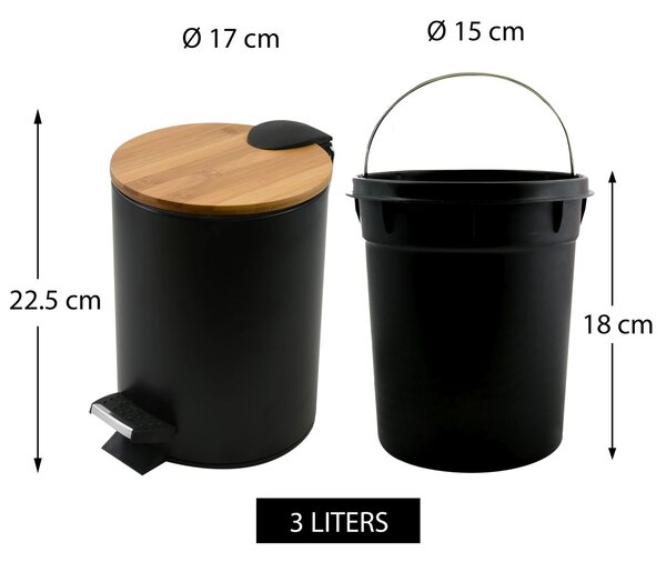 Spirella pedálový odpadkový koš ADONIS, matná černá, ocel, bambusové víko, 3 L