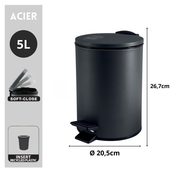 Spirella pedálový odpadkový koš ADELAR, matná černá, ocel, 5 L