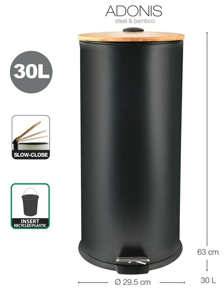 Spirella pedálový odpadkový koš ADONIS, matná černá, ocel, bambusové víko, 30 L