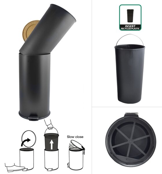 Spirella pedálový odpadkový koš ADONIS, matná černá, ocel, bambusové víko, 30 L