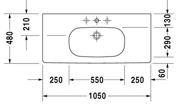 Duravit D-Code - Umyvadlo s přepadem 1050x480 mm, 1 otvor pro baterii propíchnutý, bílá 0342100002