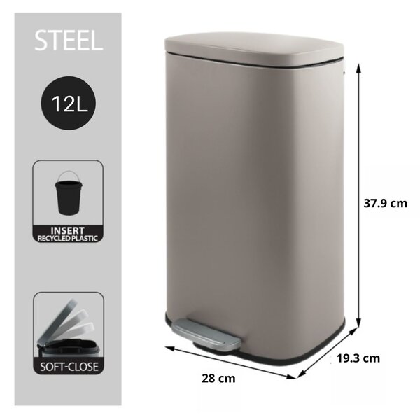 Spirella pedálový odpadkový koš AKIRA, matná šedo-hnědá, ocel, soft-close, 12 L