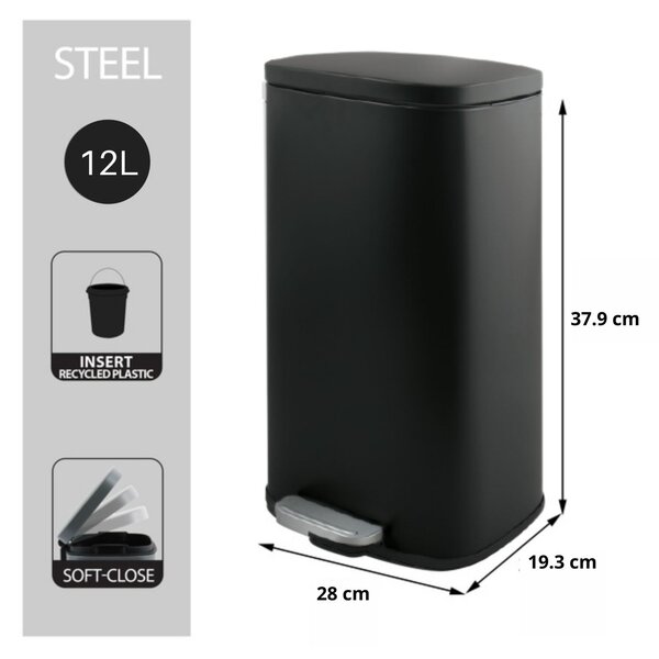 Spirella pedálový odpadkový koš AKIRA, matná černá ocel, soft-close, 12 L
