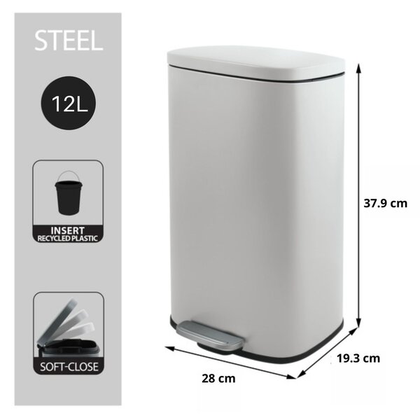 Spirella pedálový odpadkový koš AKIRA, matná bílá, ocel, soft-close, 12 L
