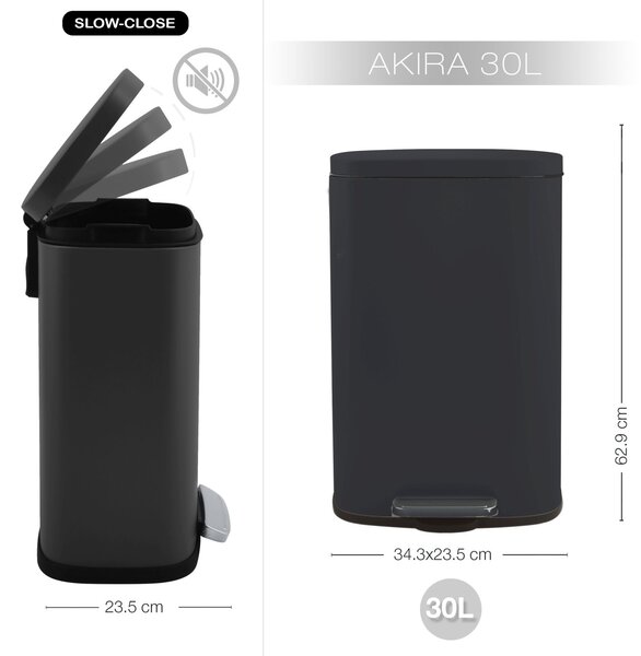 Spirella pedálový odpadkový koš AKIRA, matná černá, ocel, soft-close, 30 L