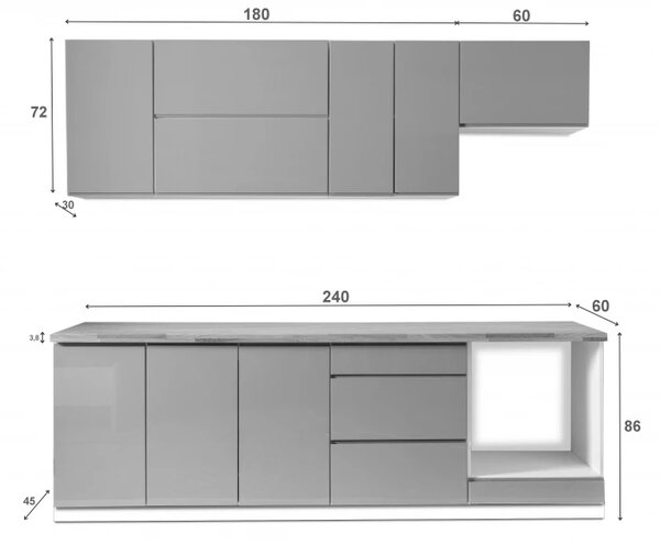Kuchyňská linka Aspen 240cm šedá
