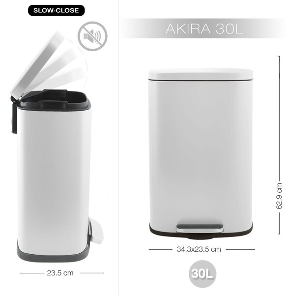 Spirella pedálový odpadkový koš AKIRA, matná bílá, ocel, soft-close, 30 L