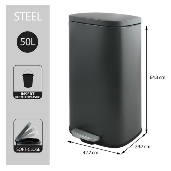 Spirella pedálový odpadkový koš AKIRA, matná šedá, ocel, soft-close, 50 L