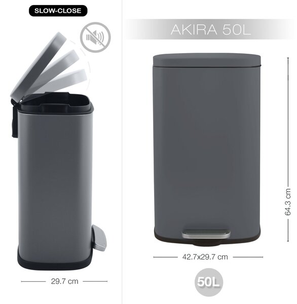 Spirella pedálový odpadkový koš AKIRA, matná šedá, ocel, soft-close, 50 L