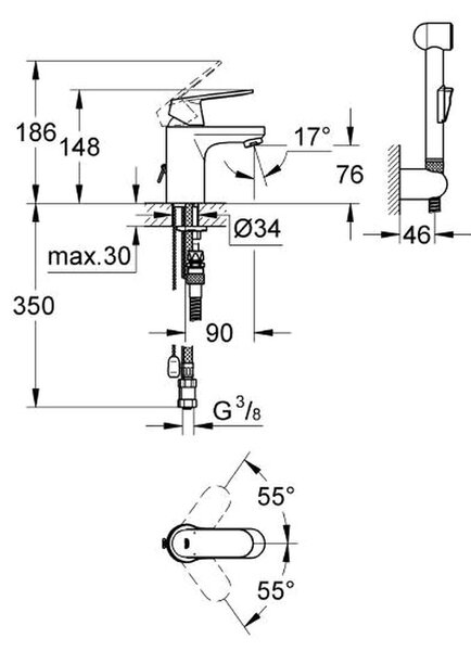 GROHE Eurosmart Cosmopolitan - Páková umyvadlová baterie DN 15, velikost S, Chrom 23125000