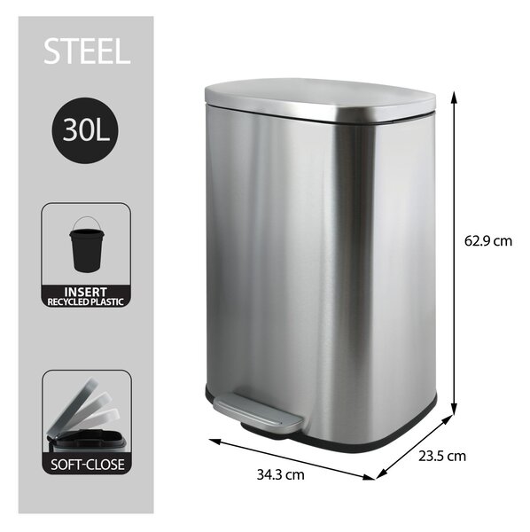 Spirella pedálový odpadkový koš AKIRA, kartáčovaná nerezová ocel, soft-close, 30 L