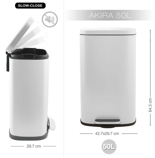 Spirella pedálový odpadkový koš AKIRA, matná bílá, ocel, soft-close, 50 L