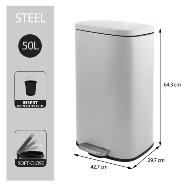 Spirella pedálový odpadkový koš AKIRA, matná bílá, ocel, soft-close, 50 L