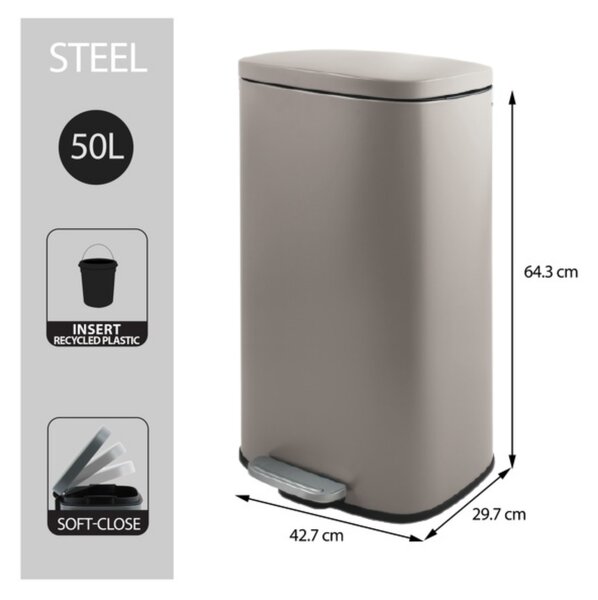 Spirella pedálový odpadkový koš AKIRA, matná šedo-hnědá, ocel, soft-close, 50 L