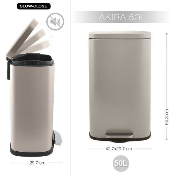 Spirella pedálový odpadkový koš AKIRA, matná šedo-hnědá, ocel, soft-close, 50 L