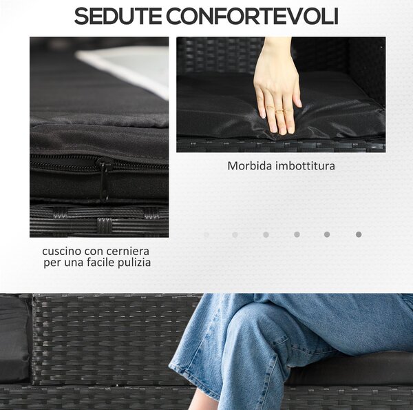 Outsunny zahradní lavička pro 2 osoby s centrálním stolkem, ratanový loveseat, ocel a polyester, 137x59x82 cm, černý | Aosom