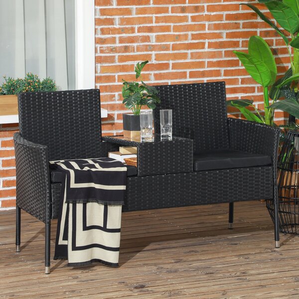 Outsunny zahradní lavička pro 2 osoby s centrálním stolkem, ratanový loveseat, ocel a polyester, 137x59x82 cm, černý | Aosom