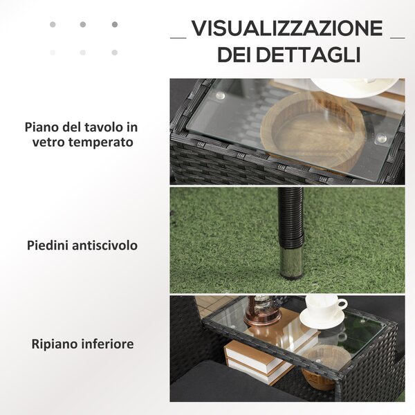 Outsunny zahradní lavička pro 2 osoby s centrálním stolkem, ratanový loveseat, ocel a polyester, 137x59x82 cm, černý | Aosom