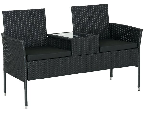 Outsunny zahradní lavička pro 2 osoby s centrálním stolkem, ratanový loveseat, ocel a polyester, 137x59x82 cm, černý | Aosom