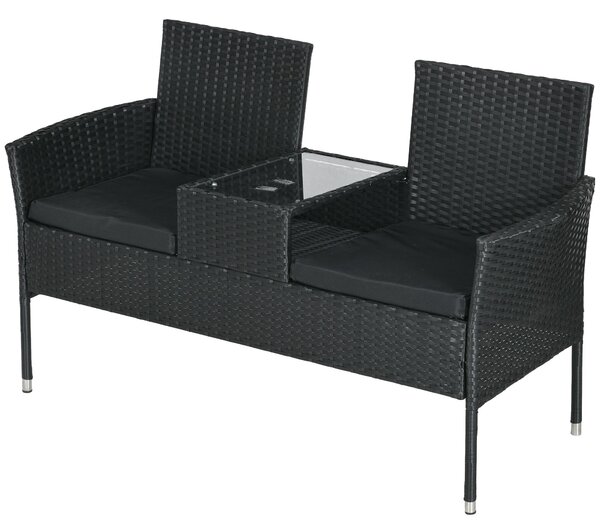 Outsunny zahradní lavička pro 2 osoby s centrálním stolkem, ratanový loveseat, ocel a polyester, 137x59x82 cm, černý | Aosom