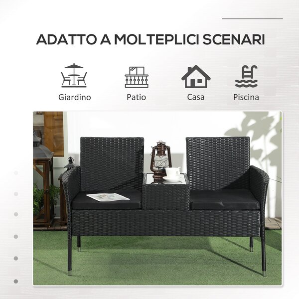 Outsunny zahradní lavička pro 2 osoby s centrálním stolkem, ratanový loveseat, ocel a polyester, 137x59x82 cm, černý | Aosom