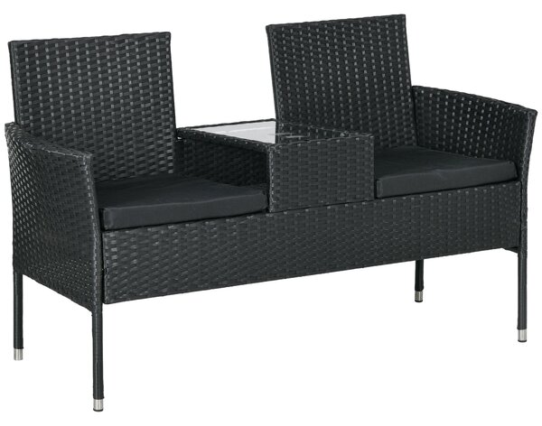 Outsunny zahradní lavička pro 2 osoby s centrálním stolkem, ratanový loveseat, ocel a polyester, 137x59x82 cm, černý | Aosom