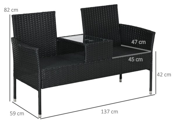 Outsunny zahradní lavička pro 2 osoby s centrálním stolkem, ratanový loveseat, ocel a polyester, 137x59x82 cm, černý | Aosom