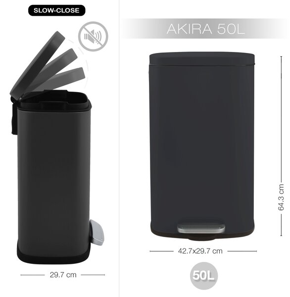 Spirella pedálový odpadkový koš AKIRA, matná černá, ocel, soft-close, 50 L