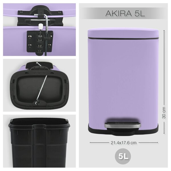 Spirella pedálový odpadkový koš AKIRA, matná fialová, ocel, 5 L