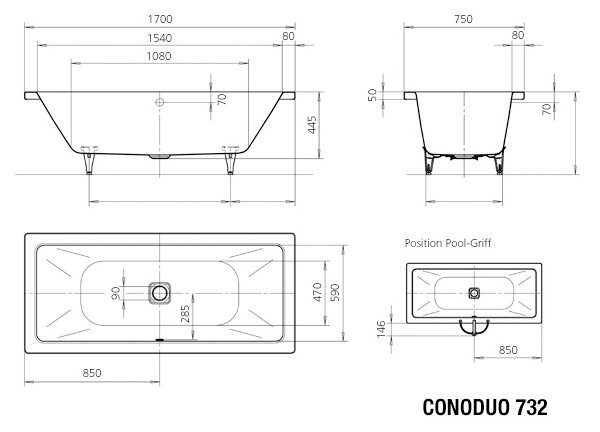 Kaldewei Conoduo - Vana 1700x750 mm, Perl-effekt, alpská bílá 235000013001