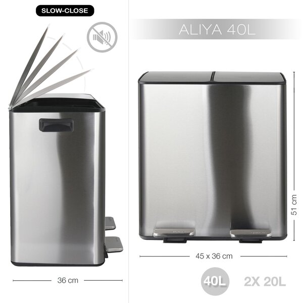 Spirella pedálový odpadkový koš na tříděný odpad ALIYA, kartáčovaná nerez ocel, 2 x 20 L