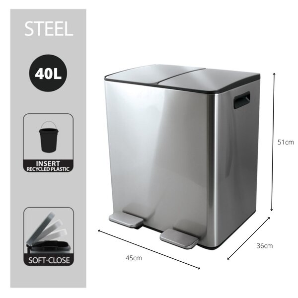Spirella pedálový odpadkový koš na tříděný odpad ALIYA, kartáčovaná nerez ocel, 2 x 20 L