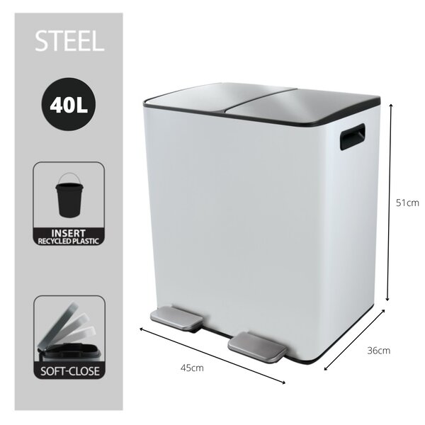 Spirella pedálový odpadkový koš na tříděný odpad ALIYA, matná bílá, ocel, 2 x 20 L