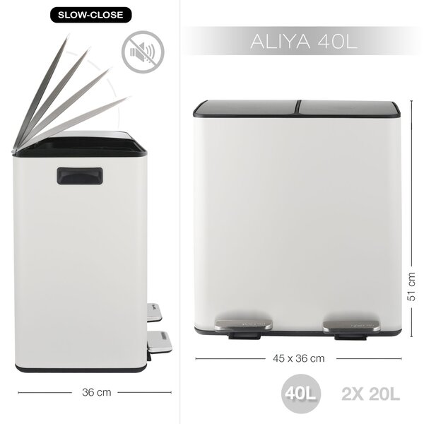 Spirella pedálový odpadkový koš na tříděný odpad ALIYA, matná bílá, ocel, 2 x 20 L