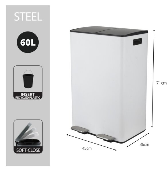 Spirella pedálový odpadkový koš na tříděný odpad ALIYA, matná bílá, ocel, 2 x 30 L