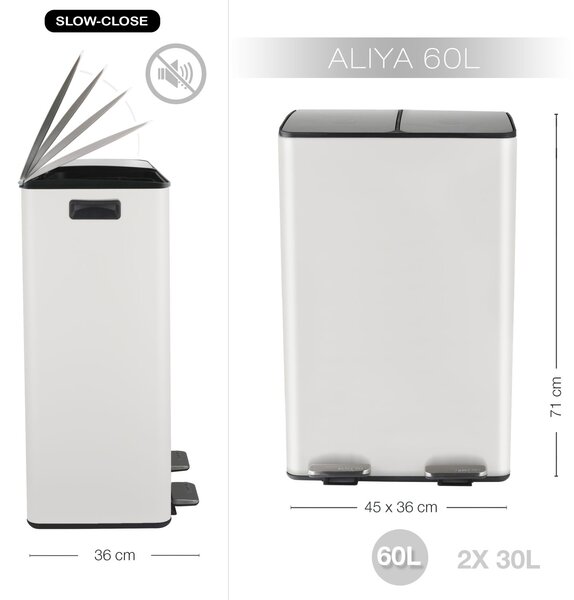 Spirella pedálový odpadkový koš na tříděný odpad ALIYA, matná bílá, ocel, 2 x 30 L