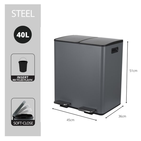 Spirella pedálový odpadkový koš na tříděný odpad ALIYA, matná šedá, ocel, 2 x 20 L