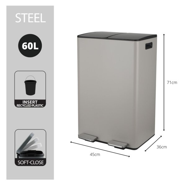 Spirella pedálový odpadkový koš na tříděný odpad ALIYA, matná Taupe, ocel, 2 x 30 L