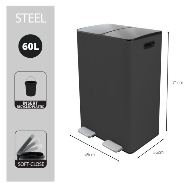 Spirella pedálový odpadkový koš na tříděný odpad ALIYA, matná šedá, ocel, 2 x 30 L