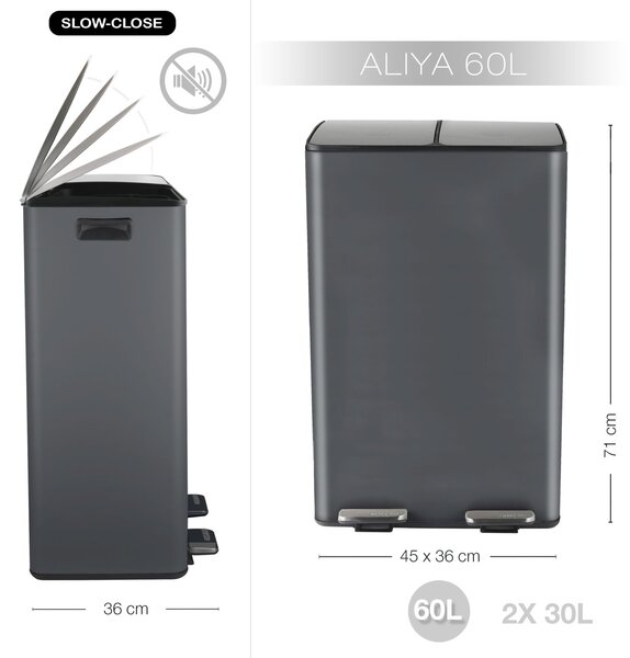 Spirella pedálový odpadkový koš na tříděný odpad ALIYA, matná šedá, ocel, 2 x 30 L
