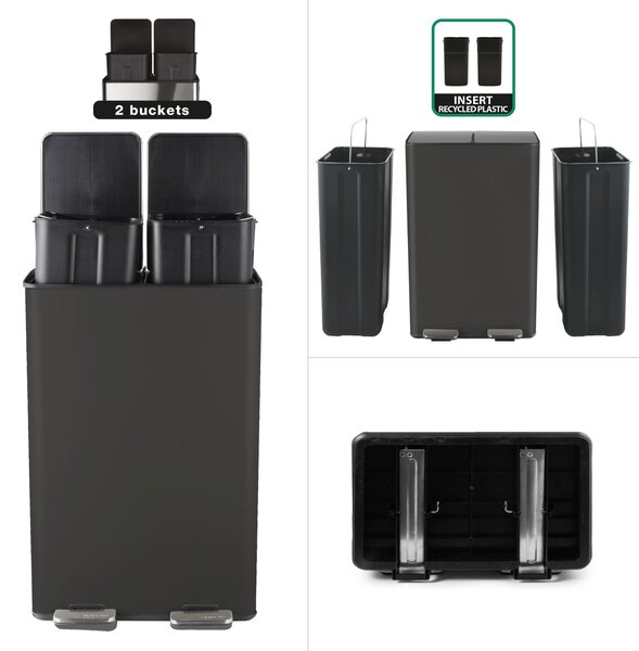 Spirella pedálový odpadkový koš na tříděný odpad ALIYA, matná černá, ocel, 2 x 30 L