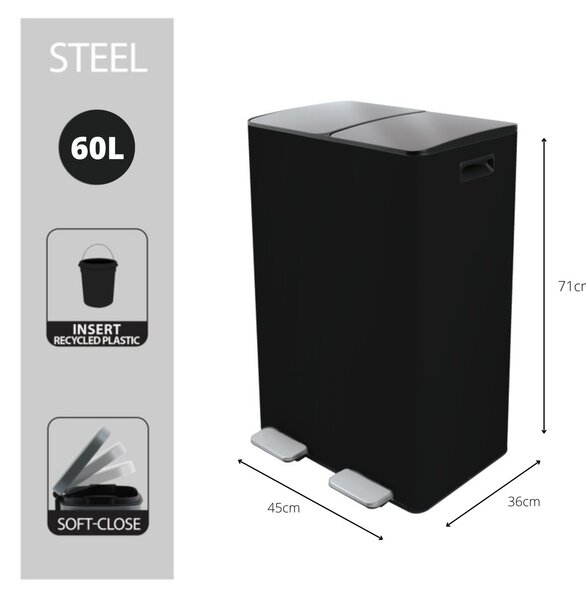 Spirella pedálový odpadkový koš na tříděný odpad ALIYA, matná černá, ocel, 2 x 30 L