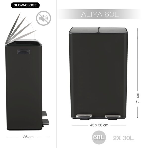 Spirella pedálový odpadkový koš na tříděný odpad ALIYA, matná černá, ocel, 2 x 30 L